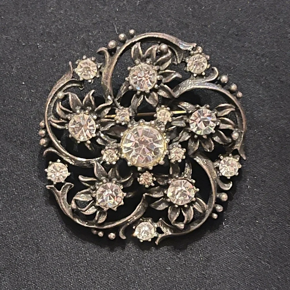 Vintage Silver Tone Rhinestone Brooch Signed Coro